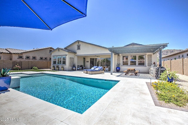 3118 E Gary Way, Phoenix, AZ 85042 - view of pool featuring a pergola, a fenced backyard, a patio, and a ceiling fan
