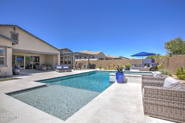 3118 E Gary Way, Phoenix, AZ 85042 - view of pool featuring an outdoor hangout area, a fenced backyard, ceiling fan, and a patio area