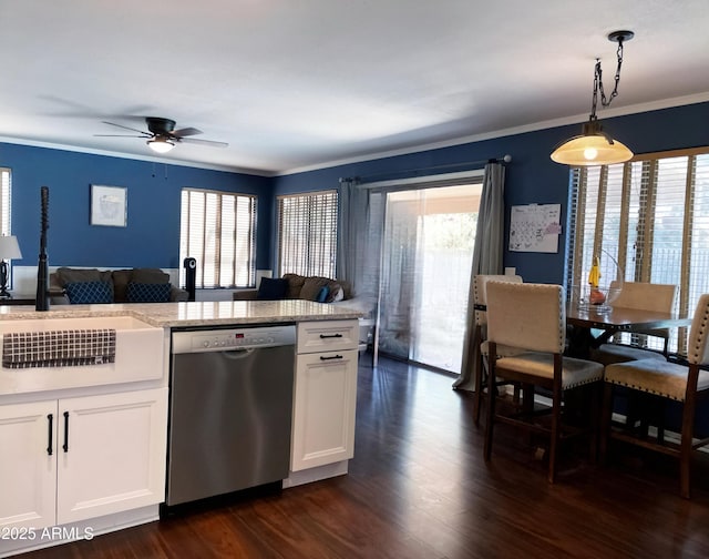 kitchen with dark wood-type flooring, open floor plan, white cabinetry, and dishwasher