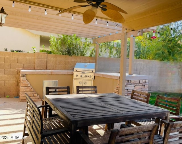 view of patio / terrace with exterior kitchen, outdoor dining area, a fenced backyard, and a grill