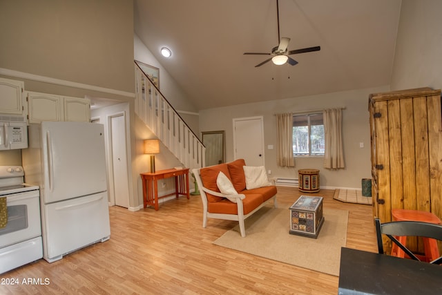 living room featuring high vaulted ceiling, ceiling fan, light wood-type flooring, and baseboard heating