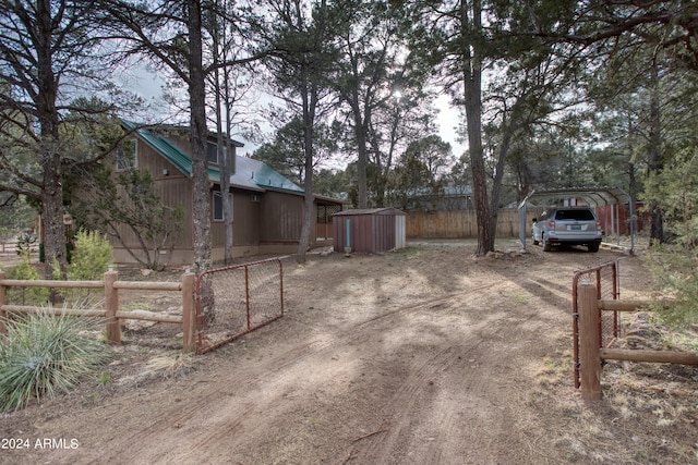 exterior space featuring a shed