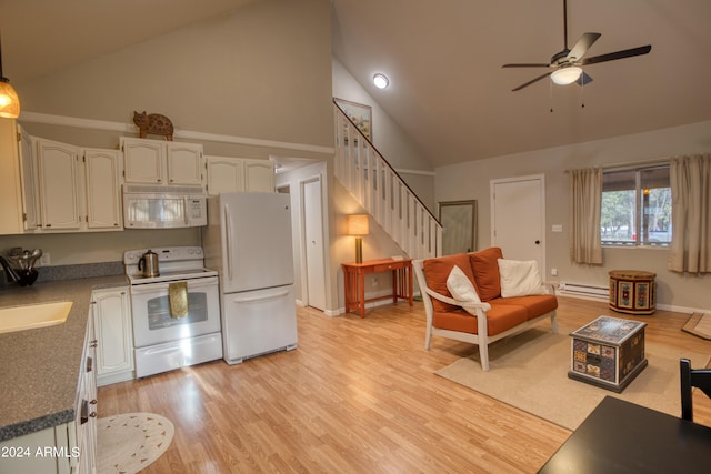 kitchen featuring high vaulted ceiling, white appliances, a baseboard radiator, light hardwood / wood-style flooring, and ceiling fan