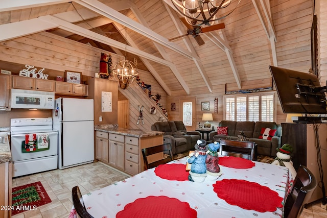 dining area featuring beam ceiling, ceiling fan with notable chandelier, wooden ceiling, and wood walls