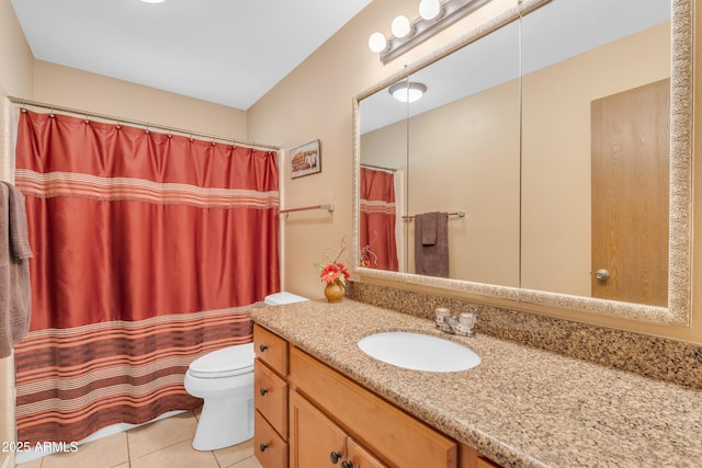 bathroom featuring vanity, tile patterned floors, curtained shower, and toilet