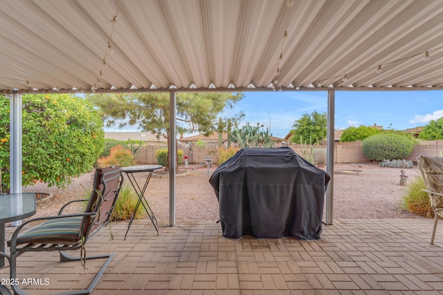 view of patio / terrace featuring a fenced backyard and grilling area