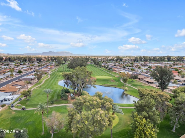 birds eye view of property featuring a residential view, a water view, and golf course view