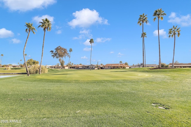 view of property's community with golf course view and a yard