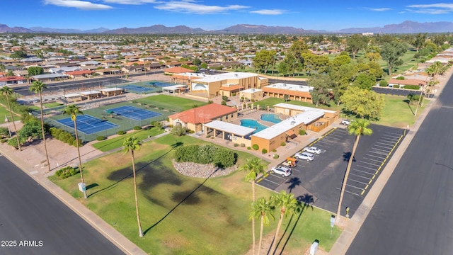 drone / aerial view featuring a mountain view