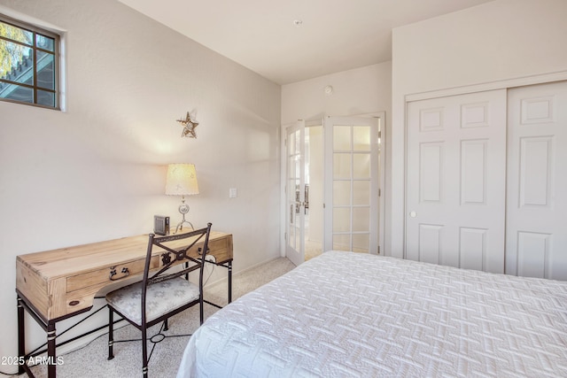 bedroom featuring light carpet and a closet