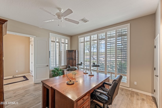 office space featuring a textured ceiling, ceiling fan, and light hardwood / wood-style flooring