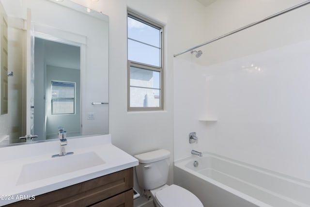 full bathroom featuring shower / washtub combination, vanity, and toilet