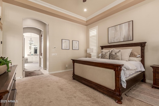 carpeted bedroom with crown molding