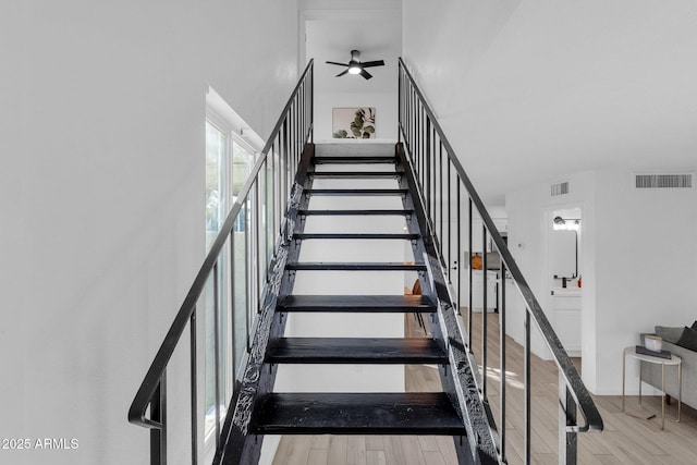 staircase featuring hardwood / wood-style floors and ceiling fan