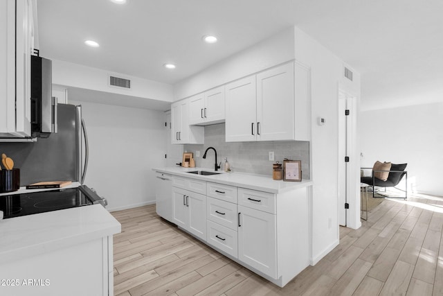 kitchen featuring sink, white cabinets, light hardwood / wood-style floors, and stove