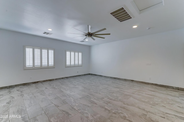 empty room featuring visible vents, recessed lighting, baseboards, and a ceiling fan