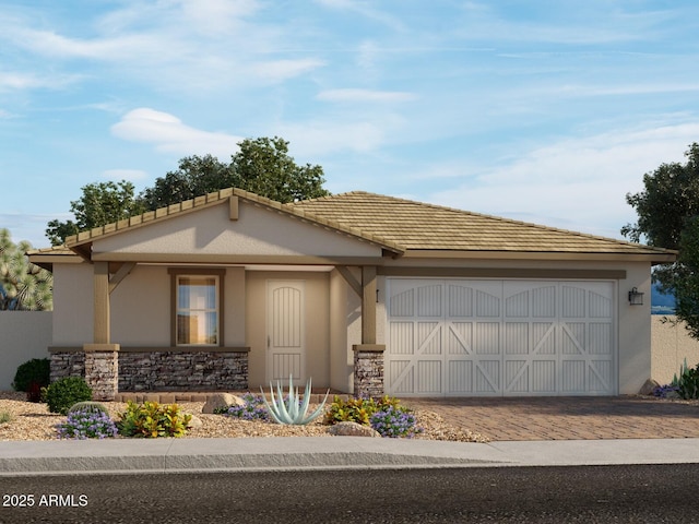 ranch-style house featuring a garage, stone siding, a tiled roof, decorative driveway, and stucco siding