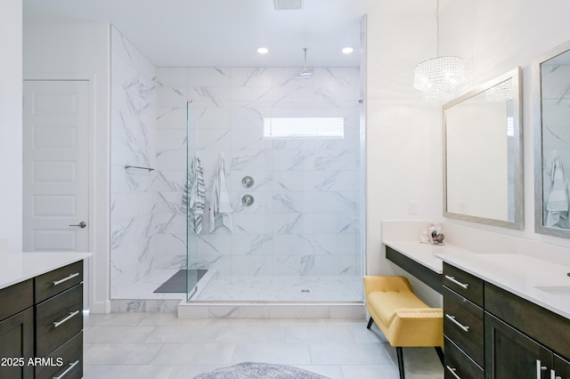 2513 E Pleasant Ln, Phoenix, AZ 85042 - bathroom featuring a marble finish shower, vanity, a chandelier, recessed lighting, and tile patterned flooring