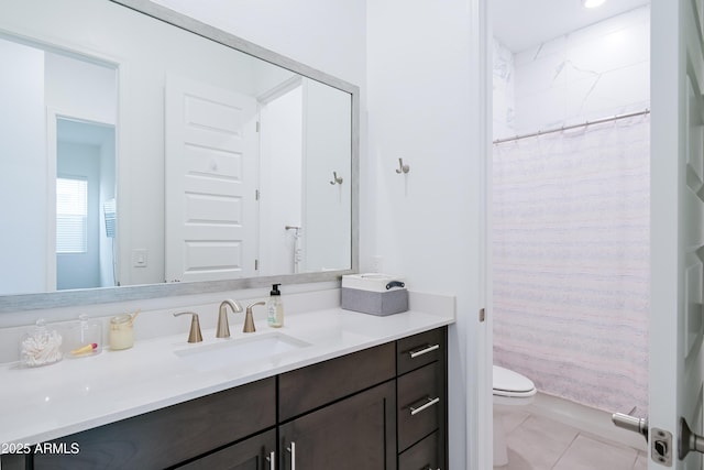 2513 E Pleasant Ln, Phoenix, AZ 85042 - bathroom with tile patterned floors, vanity, toilet, and a shower with shower curtain
