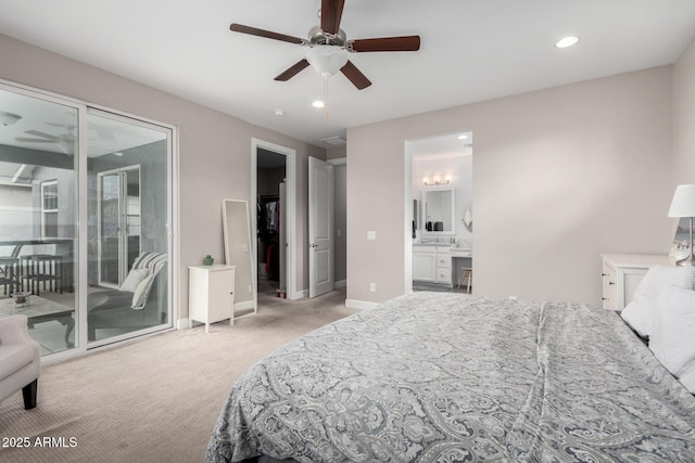 carpeted bedroom with access to outside, ceiling fan, and connected bathroom