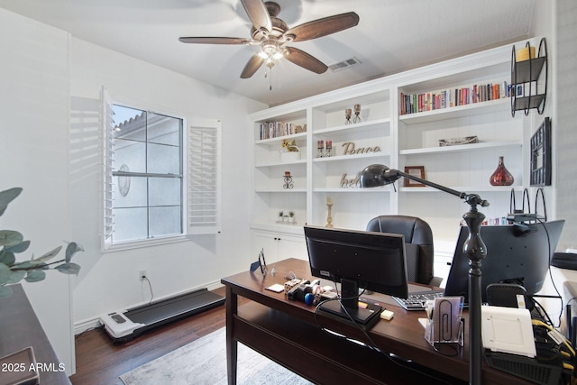 home office featuring a baseboard radiator, wood finished floors, visible vents, and ceiling fan