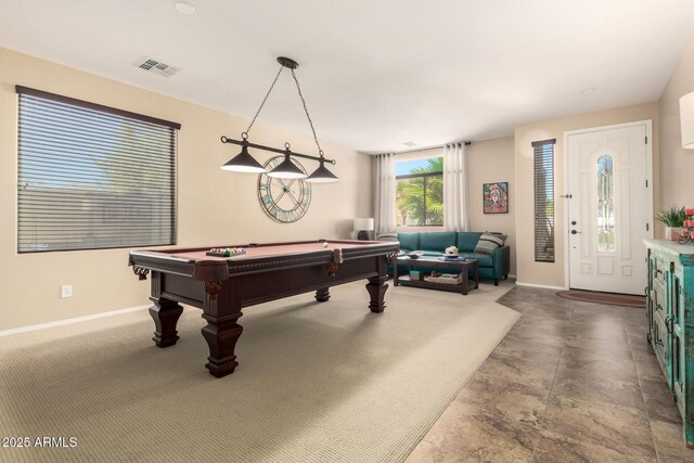 game room featuring visible vents, baseboards, and pool table