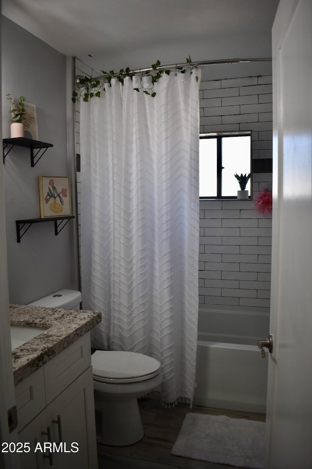 4755 E Gary St, Mesa, AZ 85205 - full bathroom with vanity, wood finished floors, and shower / tub combo with curtain
