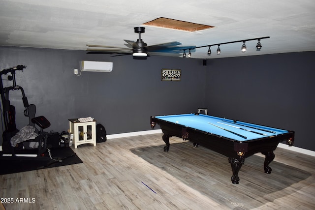 4755 E Gary St, Mesa, AZ 85205 - recreation room with billiards table, ceiling fan, wood finished floors, track lighting, and a wall mounted air conditioner