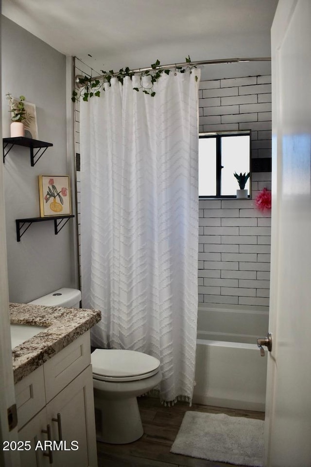 4755 E Gary St, Mesa, AZ 85205 - full bath featuring wood finished floors, vanity, and shower / bathtub combination with curtain