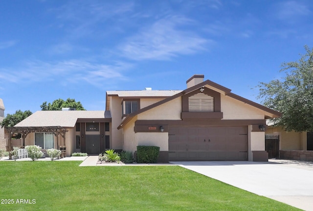 view of front of home featuring a garage, stucco siding, a chimney, concrete driveway, and a front yard