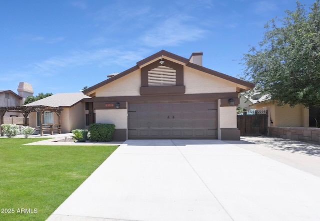 single story home with an attached garage, stucco siding, fence, concrete driveway, and a front yard