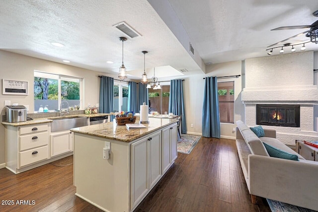 kitchen with a sink, a textured ceiling, dark wood-style floors, and visible vents