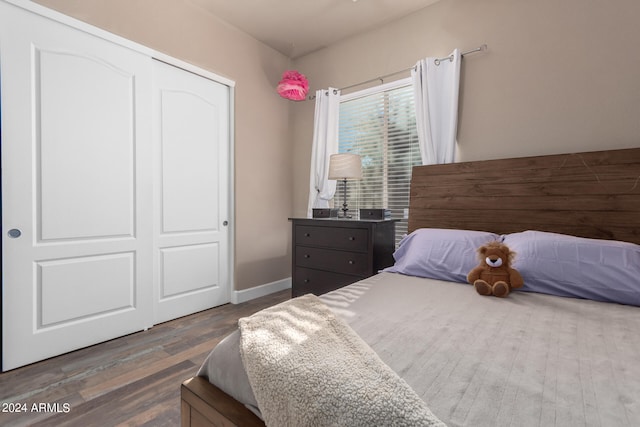 bedroom with dark wood-type flooring and a closet