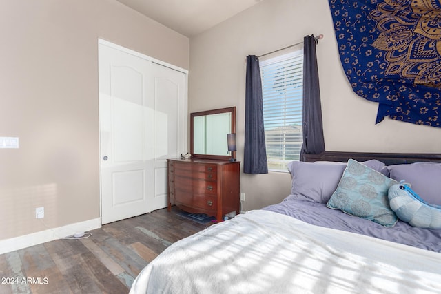 bedroom with dark wood-type flooring and a closet