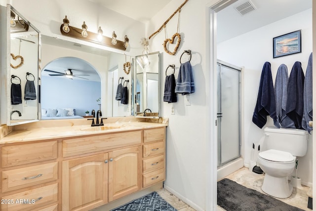 full bathroom featuring ensuite bathroom, toilet, a stall shower, and visible vents