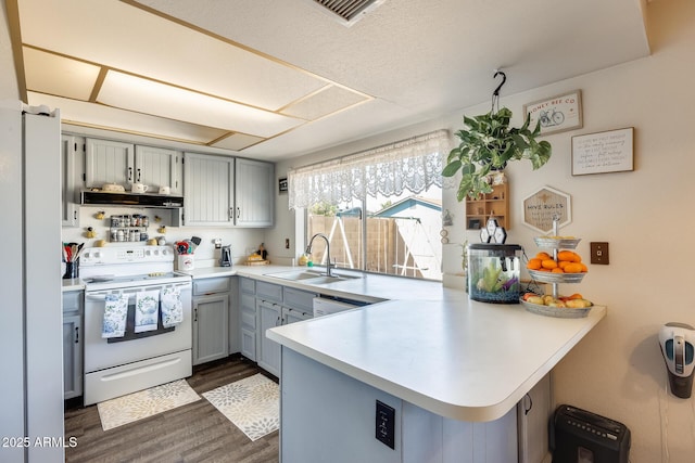 kitchen featuring a peninsula, white appliances, a sink, exhaust hood, and light countertops