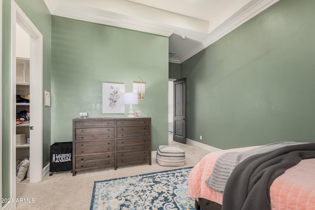 carpeted bedroom with crown molding