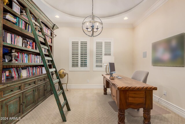 home office featuring a notable chandelier, crown molding, and light carpet