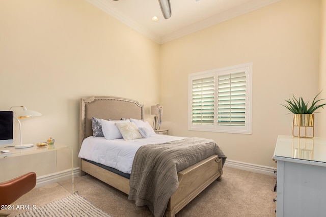 bedroom with light colored carpet, ceiling fan, and ornamental molding