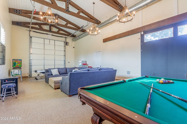 playroom featuring beamed ceiling, high vaulted ceiling, a healthy amount of sunlight, and billiards