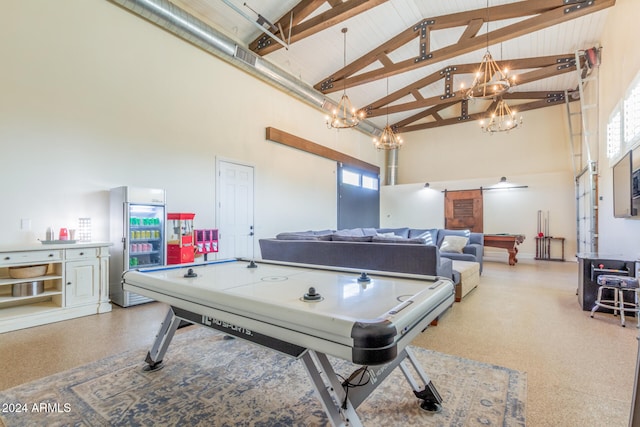 recreation room featuring beam ceiling, high vaulted ceiling, wooden ceiling, and billiards