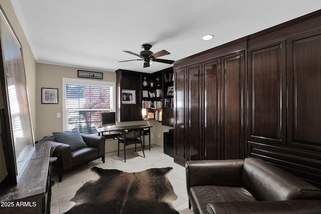 tiled office with ceiling fan