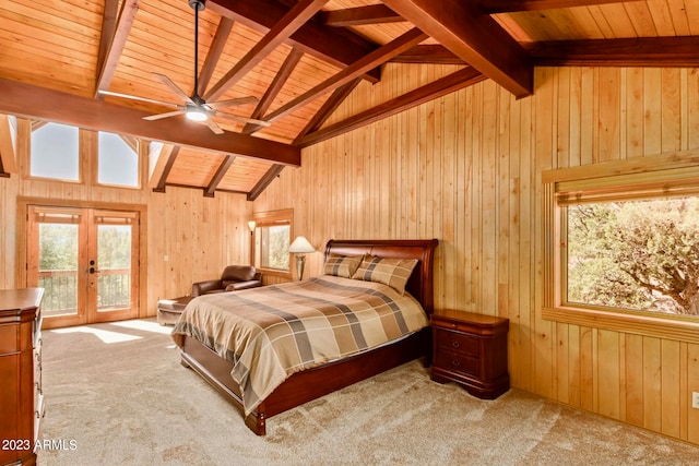 carpeted bedroom with lofted ceiling with beams, access to exterior, wood walls, wood ceiling, and french doors