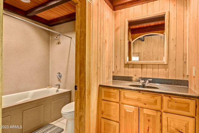 full bathroom with wooden ceiling, wood walls, tub / shower combination, and toilet