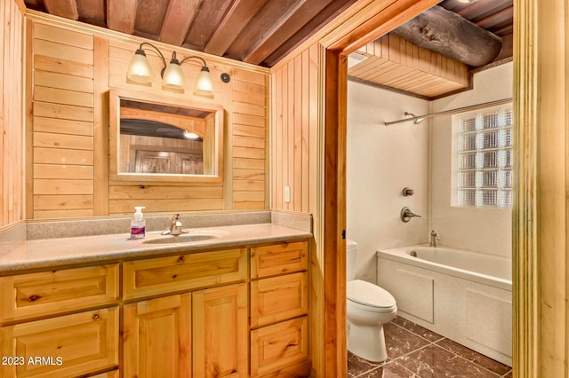 full bathroom with wood walls, toilet, vanity, and wooden ceiling