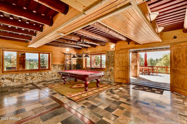 rec room featuring beamed ceiling, billiards, and a wealth of natural light