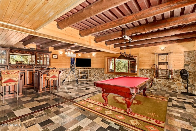 recreation room featuring ceiling fan, dark tile floors, billiards, beam ceiling, and wooden ceiling