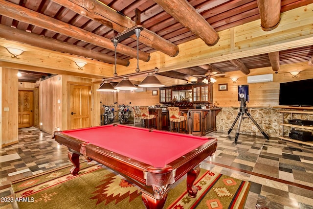 playroom featuring bar, pool table, beamed ceiling, and tile flooring