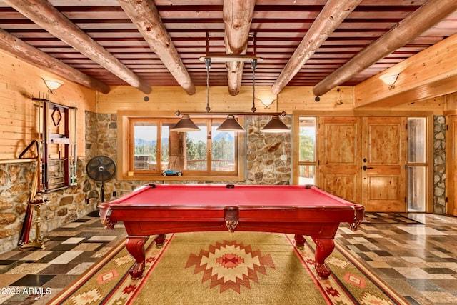 recreation room with pool table, tile floors, and beamed ceiling