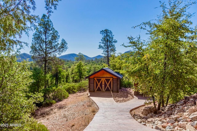 view of home's community featuring a mountain view and a shed